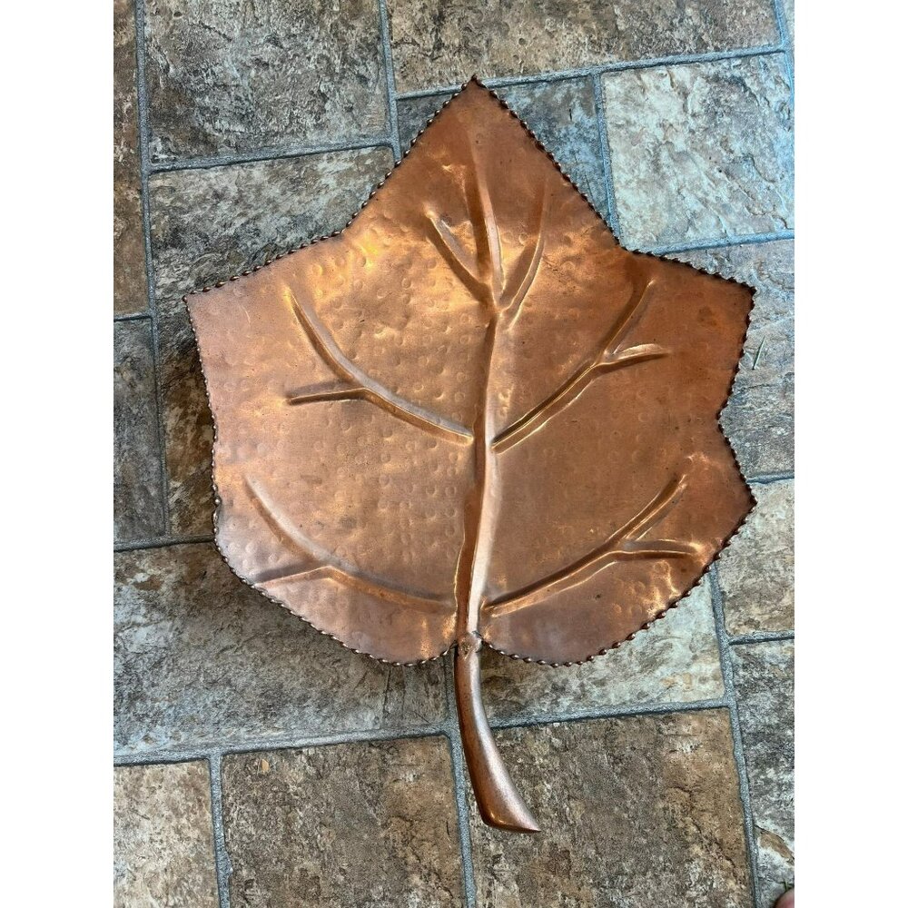 Vtg 1970's Solid Copper Maple Leaf Decorative Serving Dish Hand Hammered